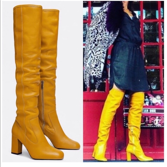 Zara Shoes - RARE Zara Mustard Yellow Leather Over The Knee Boots